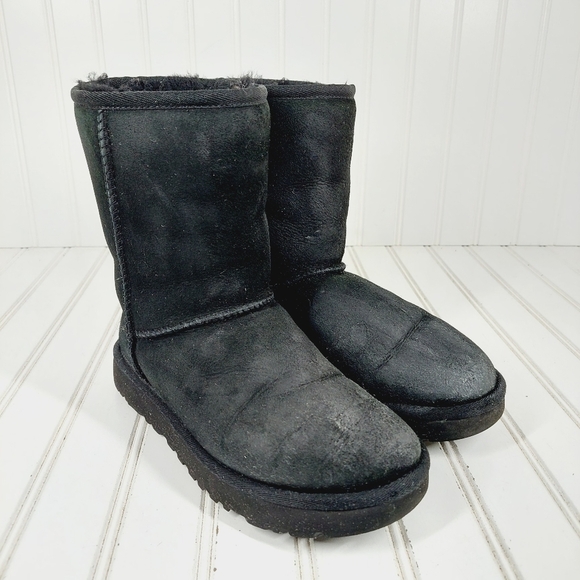 UGG Black Suede Leather Sheepskin Pull On Mid Calf Classic Boots E943 - Picture 4 of 12